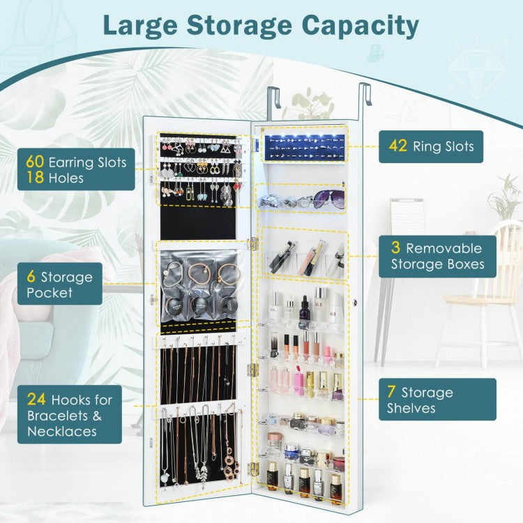 Frameless LED Mirror Jewelry Armoire with Lock, Wall or Door Mounted – White