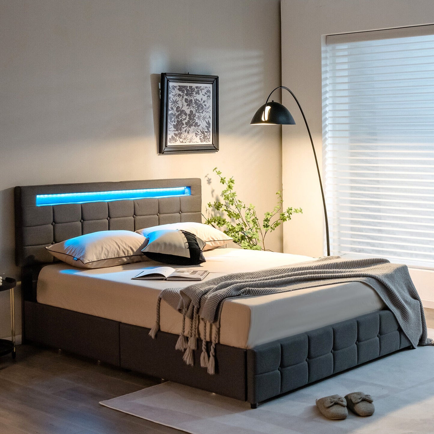 Modern Luxury Upholstered LED Bed Frame with Adjustable Headboard and 4 Storage Drawers - Queen Size