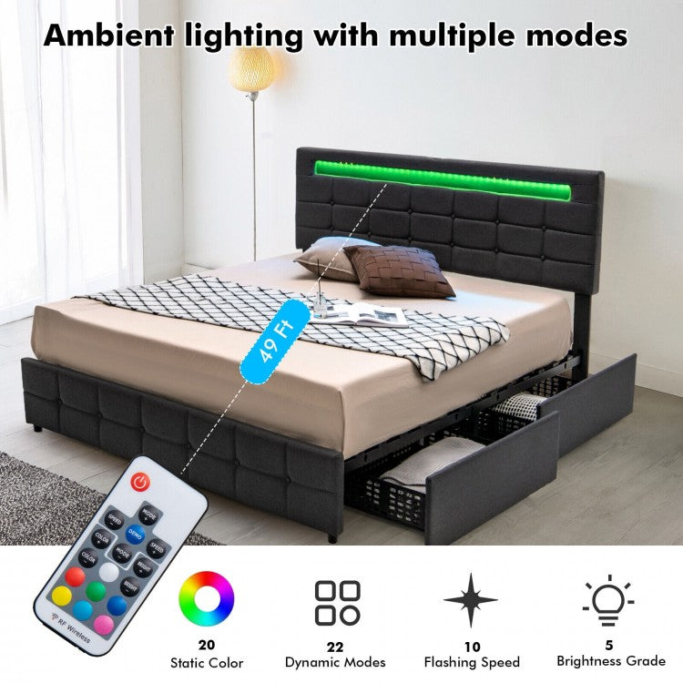 Modern Luxury Upholstered LED Bed Frame with Adjustable Headboard and 4 Storage Drawers - Full Size