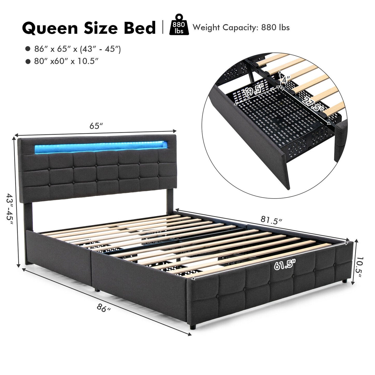 Modern Luxury Upholstered LED Bed Frame with Adjustable Headboard and 4 Storage Drawers - Queen Size