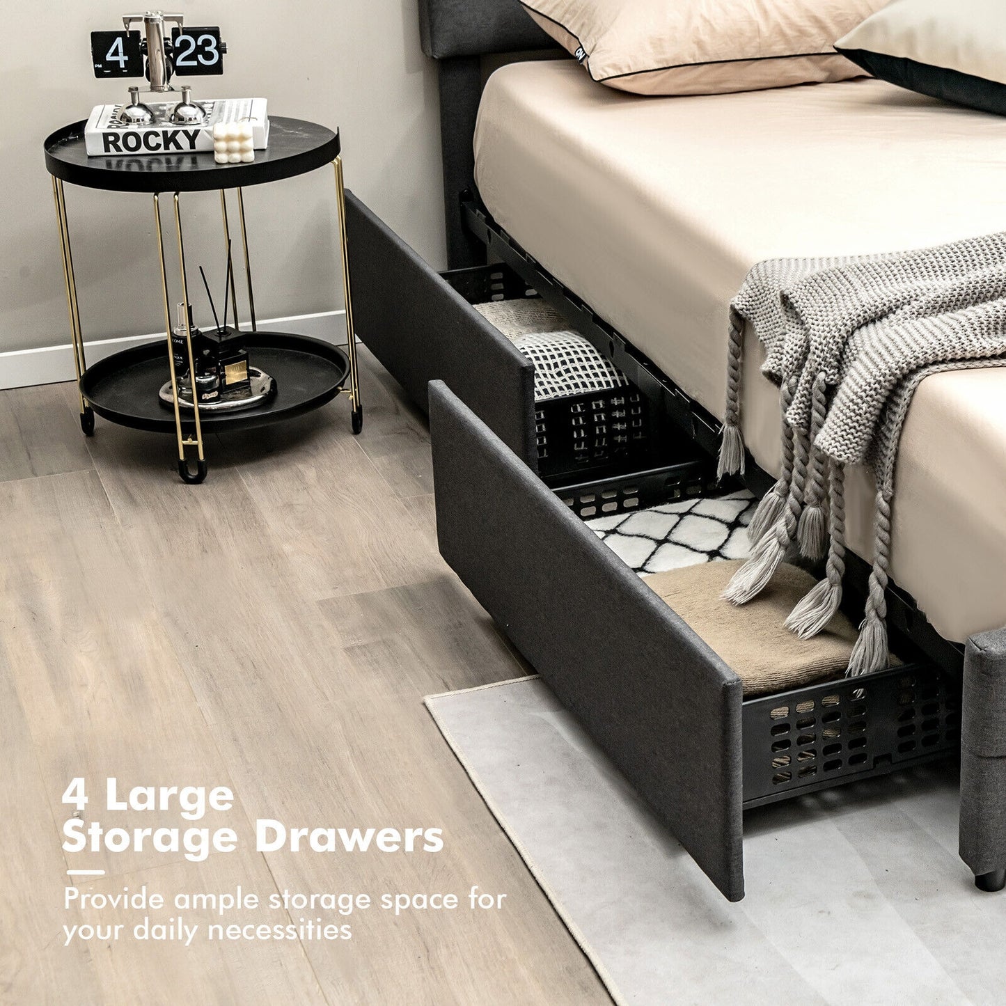 Modern Luxury Upholstered LED Bed Frame with Adjustable Headboard and 4 Storage Drawers - Queen Size