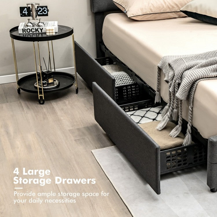 Modern Luxury Upholstered LED Bed Frame with Adjustable Headboard and 4 Storage Drawers - Twin Size