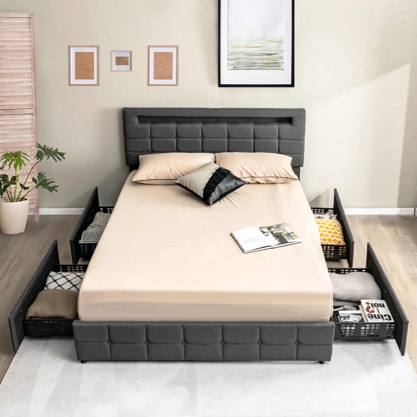 Modern Luxury Upholstered LED Bed Frame with Adjustable Headboard and 4 Storage Drawers - Queen Size