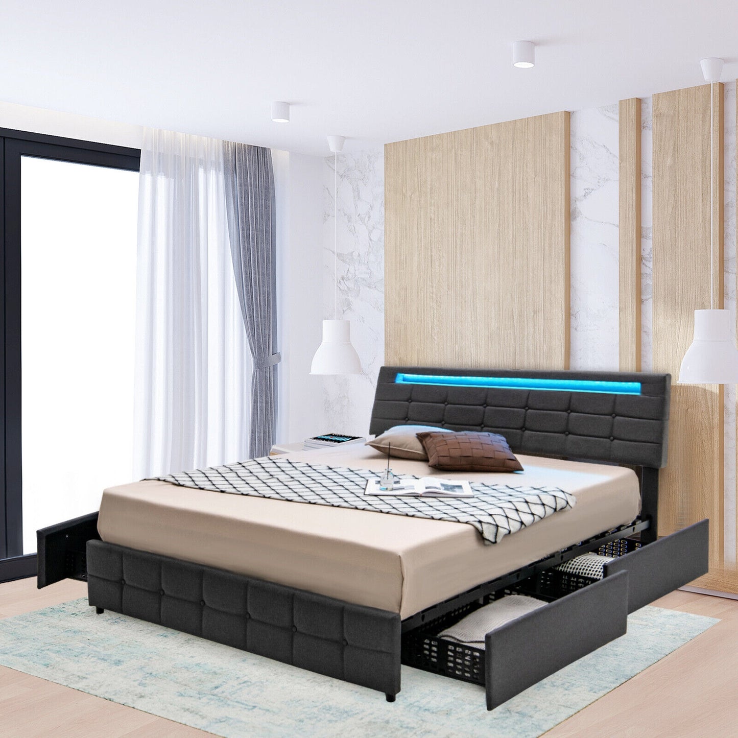 Modern Luxury Upholstered LED Bed Frame with Adjustable Headboard and 4 Storage Drawers - Queen Size