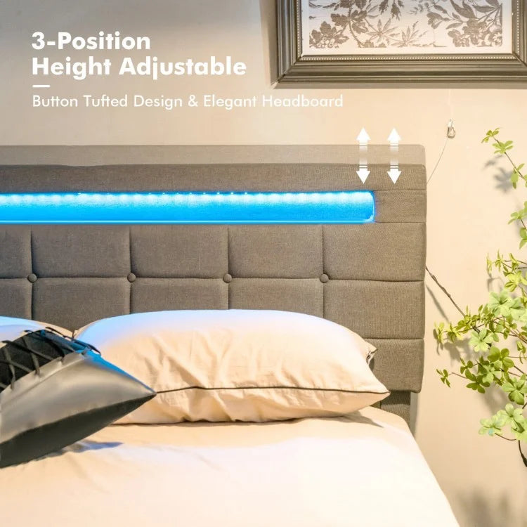 Modern Luxury Upholstered LED Bed Frame with Adjustable Headboard and 4 Storage Drawers - Full Size