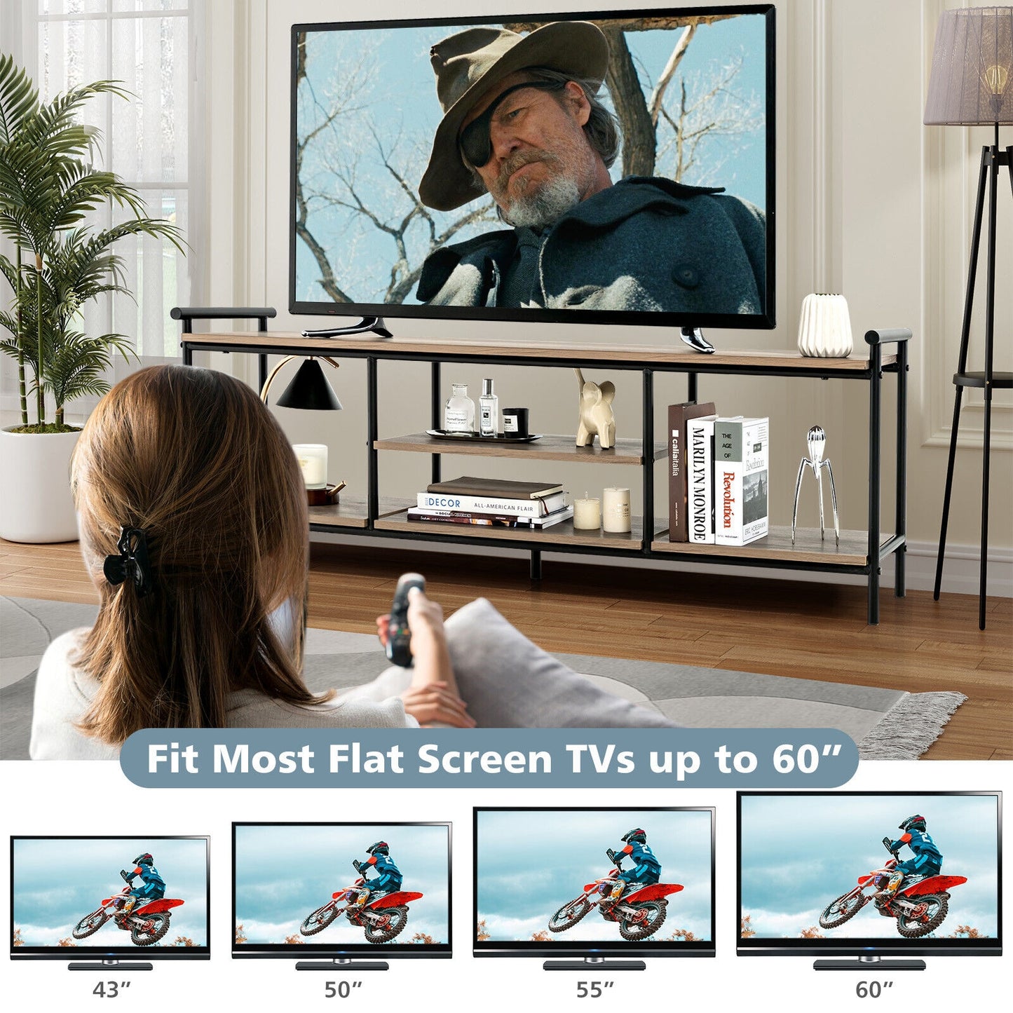 Industrial Style TV Stand with Storage Shelves for TVs up to 60 Inches