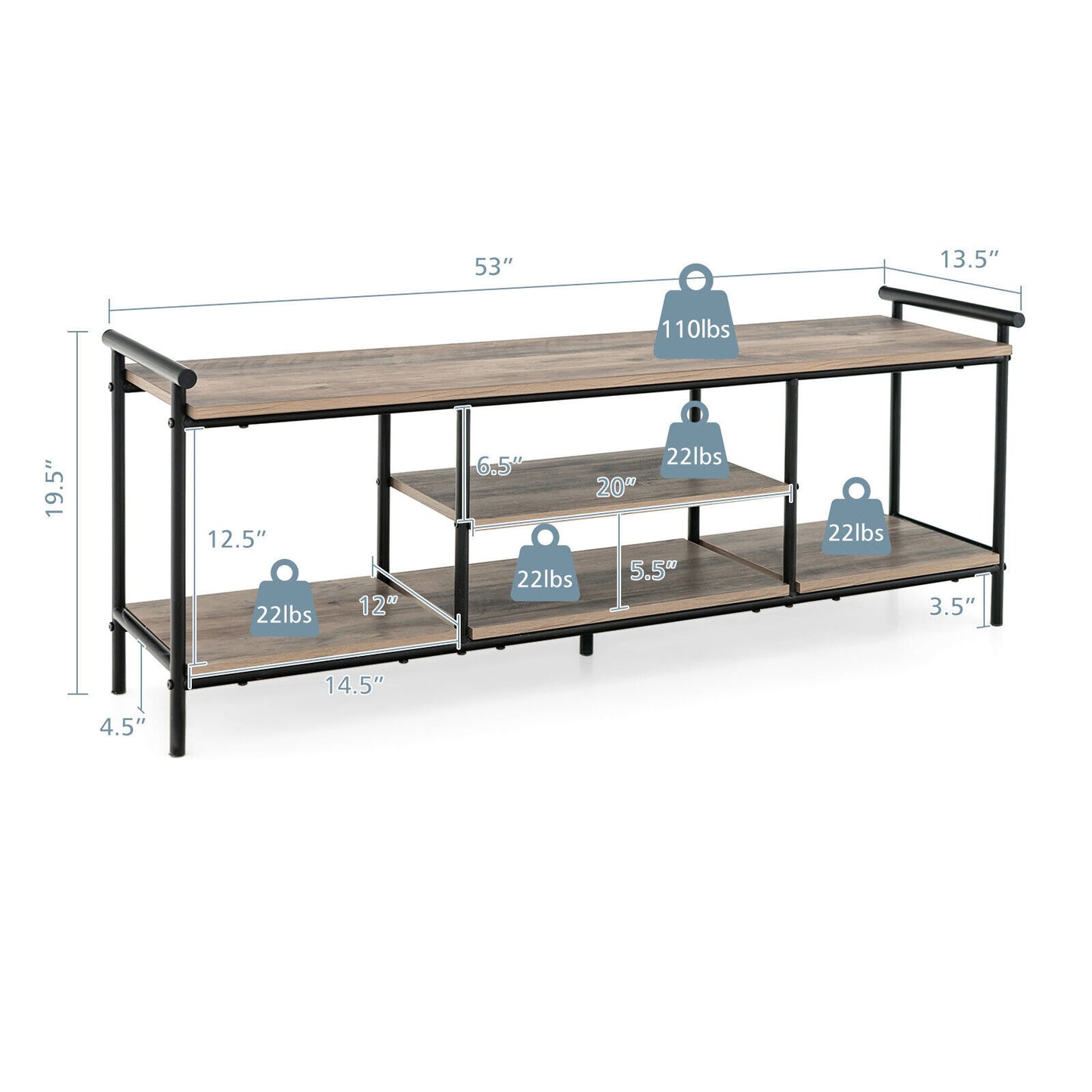 Industrial Style TV Stand with Storage Shelves for TVs up to 60 Inches