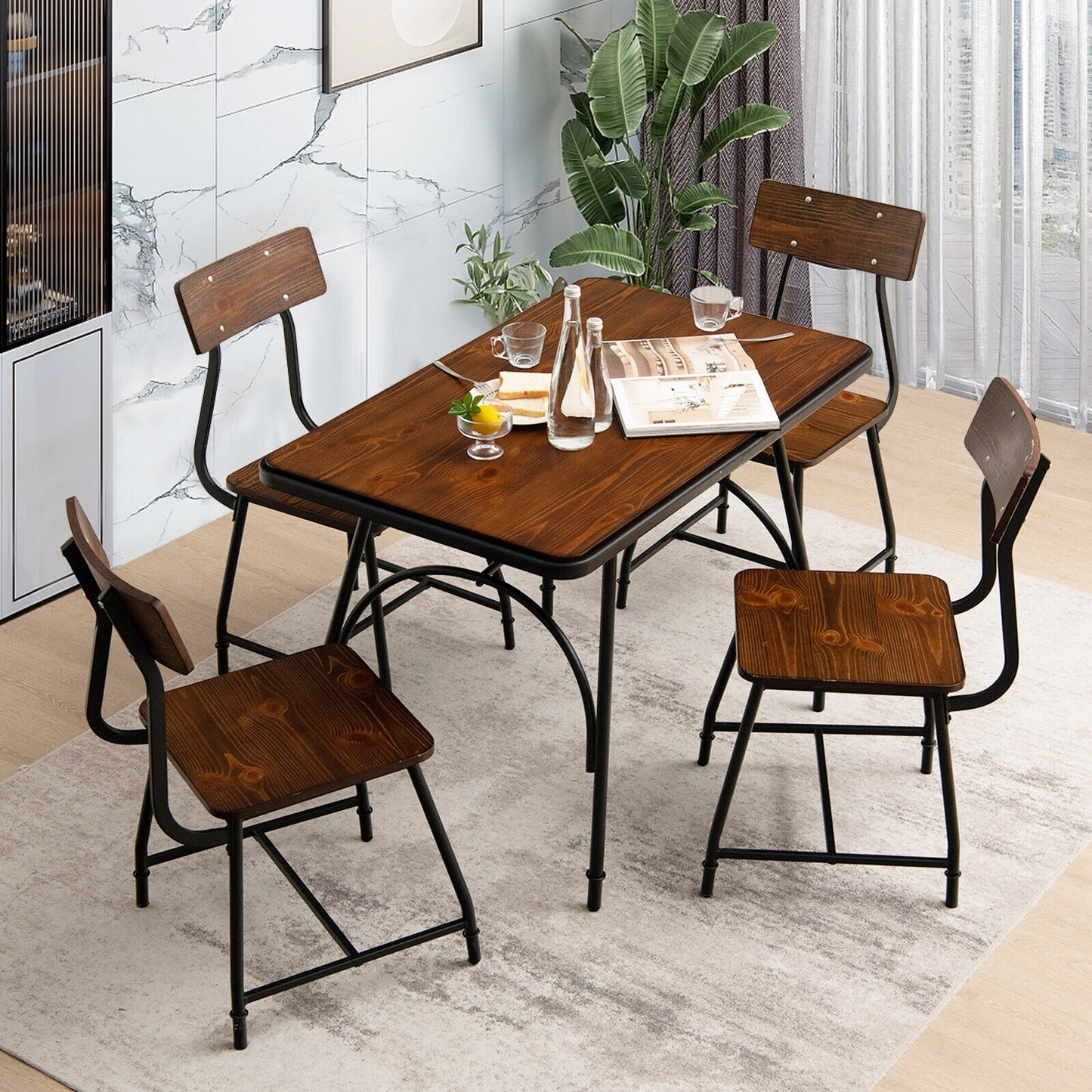 Modern 5 Piece Dining Set with Rectangular Wood Table and Metal Frame Chairs for Kitchen or Dining Room