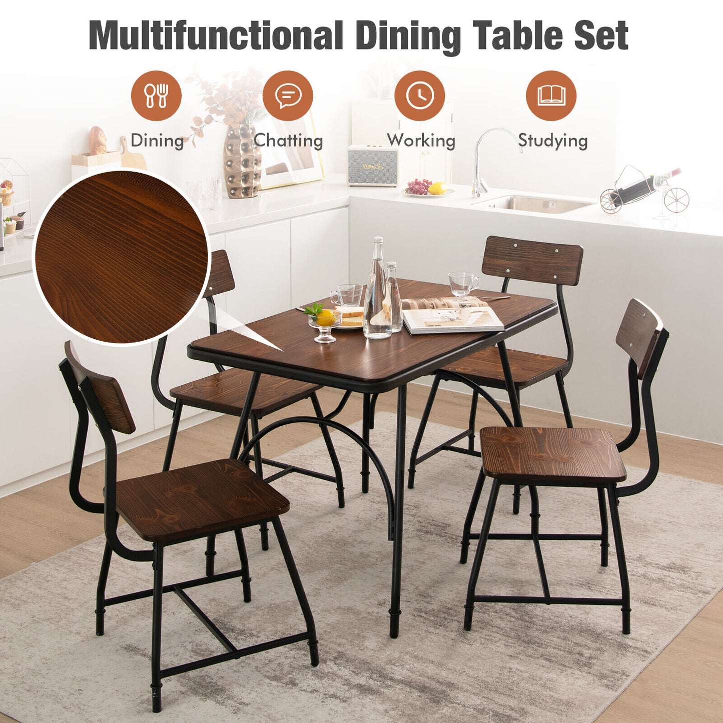 Modern 5 Piece Dining Set with Rectangular Wood Table and Metal Frame Chairs for Kitchen or Dining Room