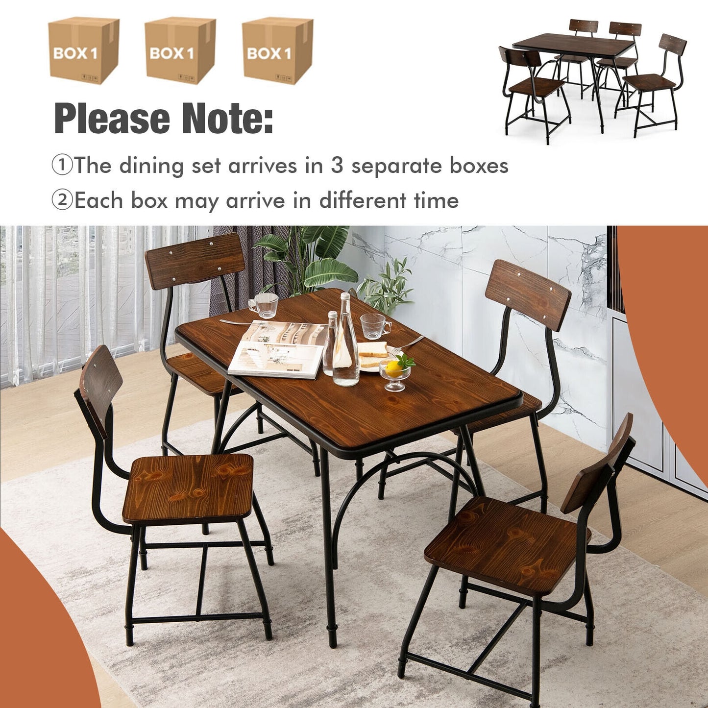 Modern 5 Piece Dining Set with Rectangular Wood Table and Metal Frame Chairs for Kitchen or Dining Room