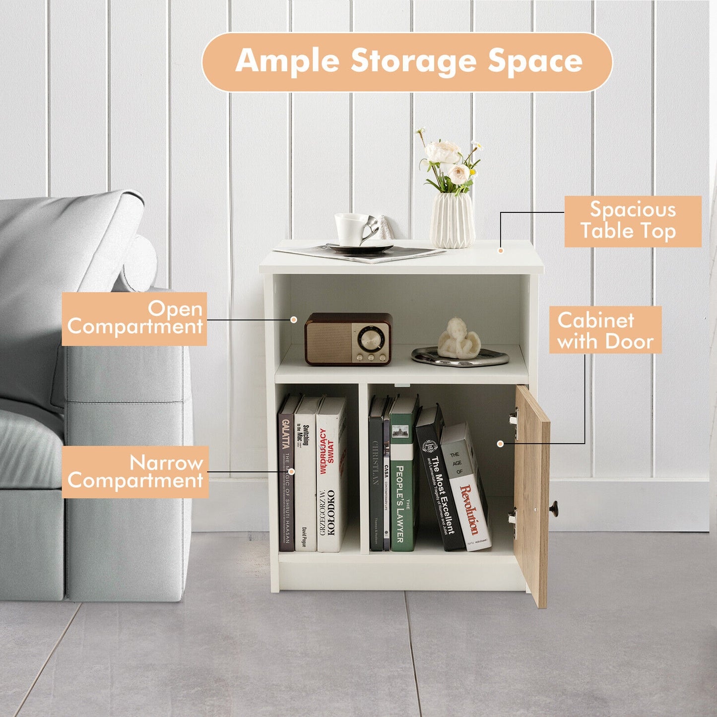Set of 2 Tall Nightstands with Cabinet Door and Open Storage Shelves 25 Inch