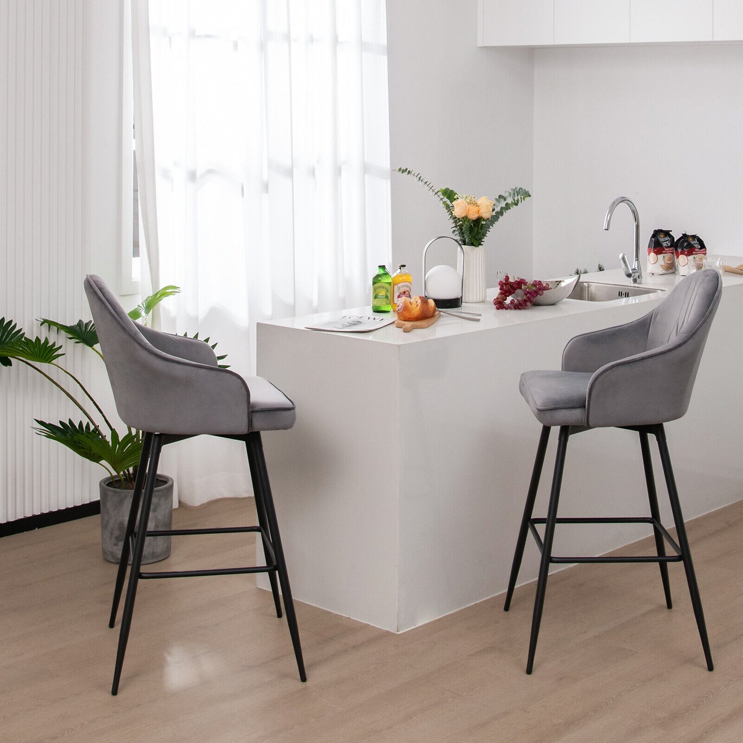 Set of 2 29.5 Inch Swivel Velvet Bar Stools with Metal Legs