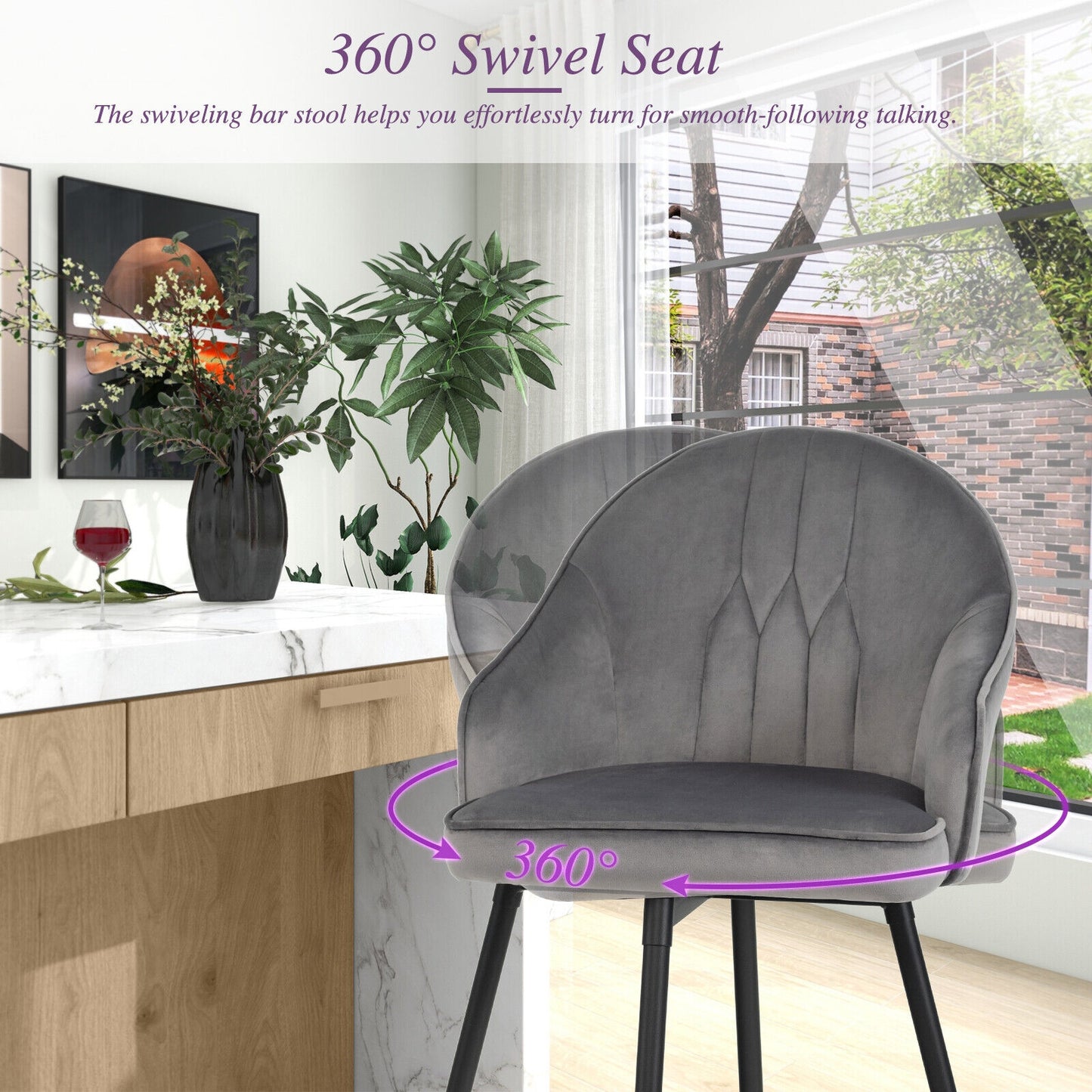 Set of 2 29.5 Inch Swivel Velvet Bar Stools with Metal Legs