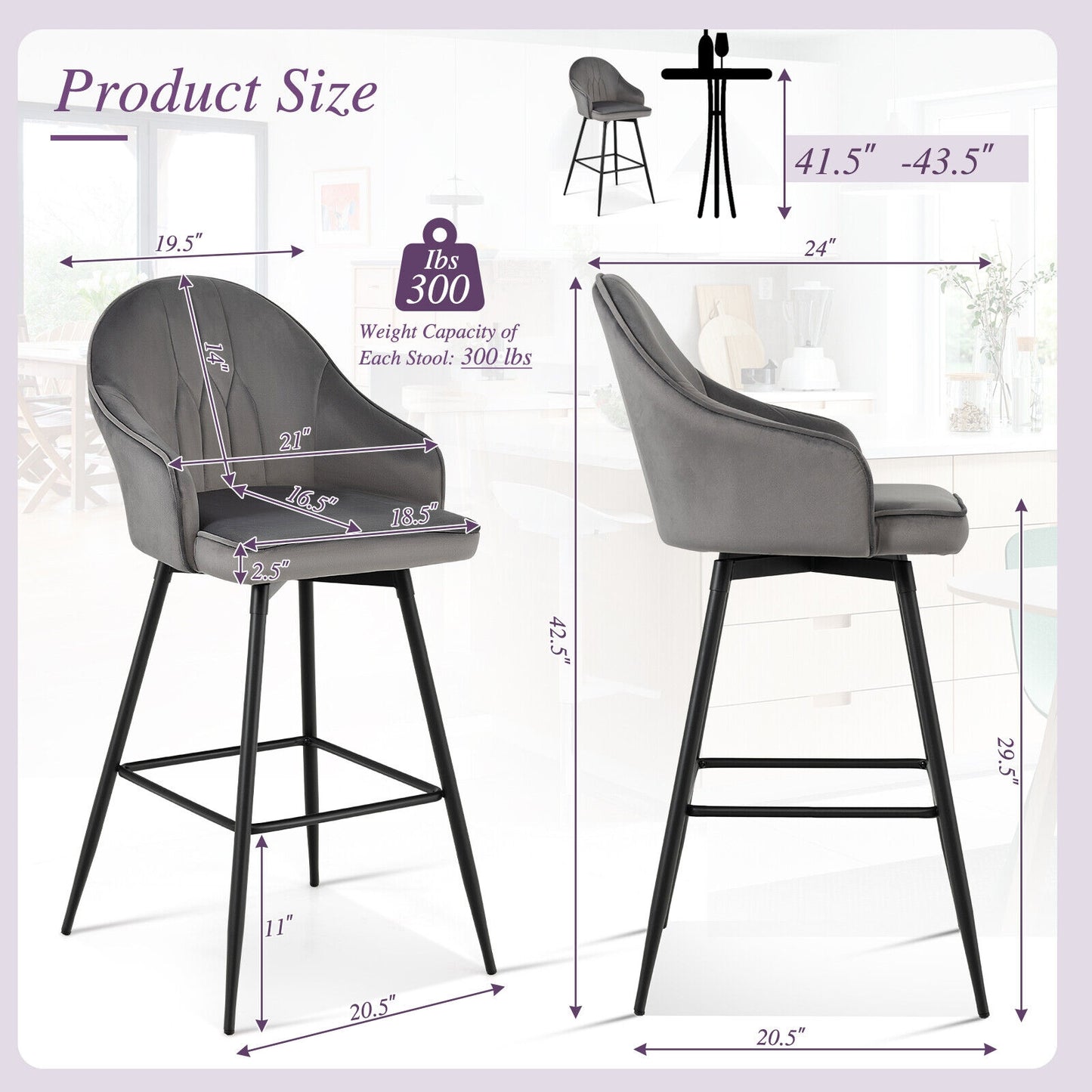Set of 2 29.5 Inch Swivel Velvet Bar Stools with Metal Legs