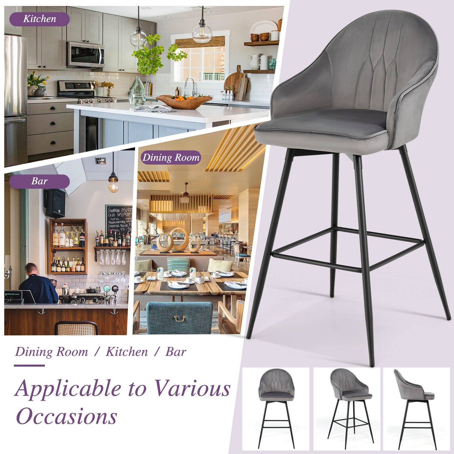 Set of 2 29.5 Inch Swivel Velvet Bar Stools with Metal Legs
