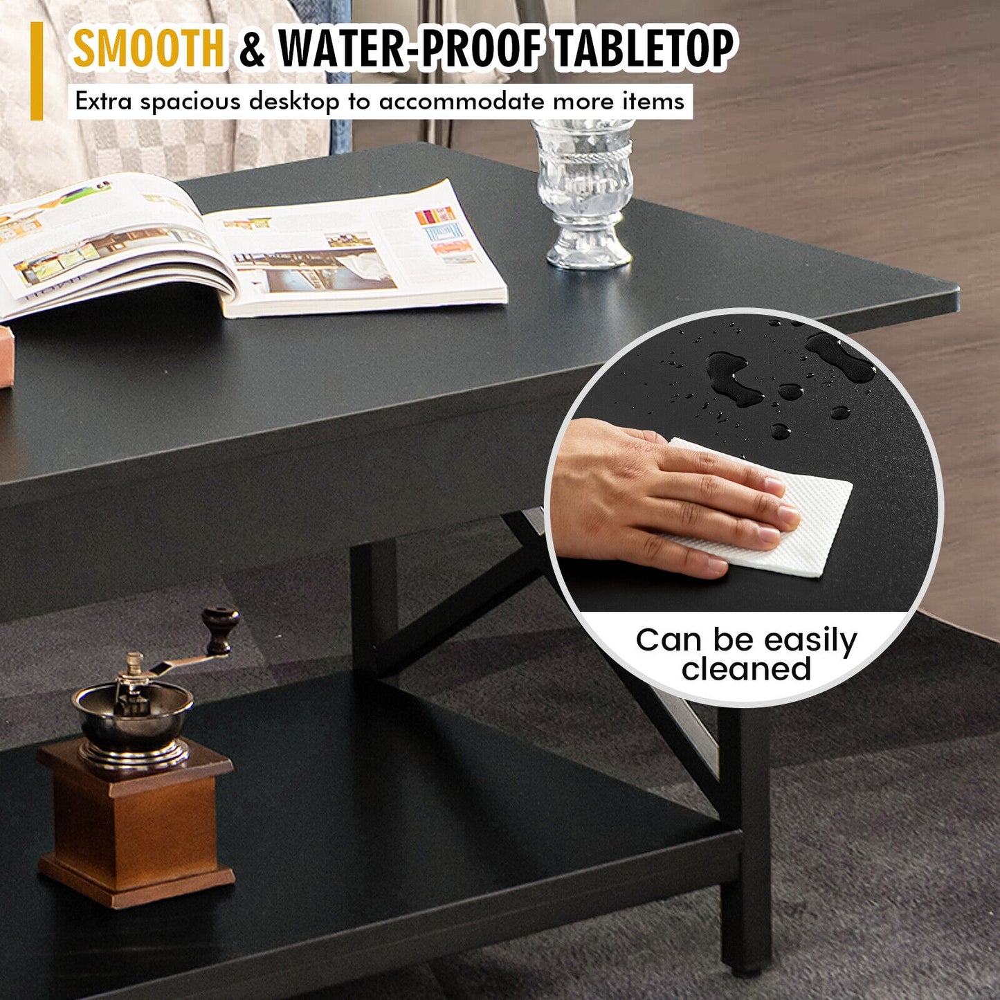 Modern Industrial Coffee Table with Storage Shelf and Steel Frame - Black