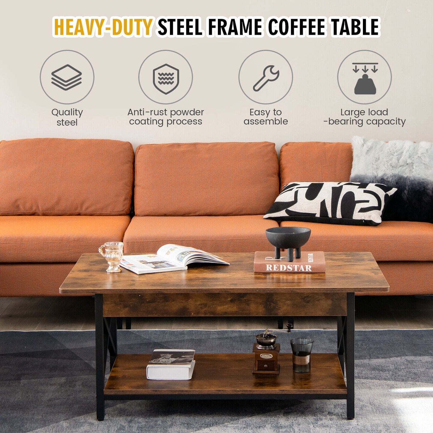 Modern Industrial Coffee Table with Storage Shelf and Steel Frame - Rustic Brown