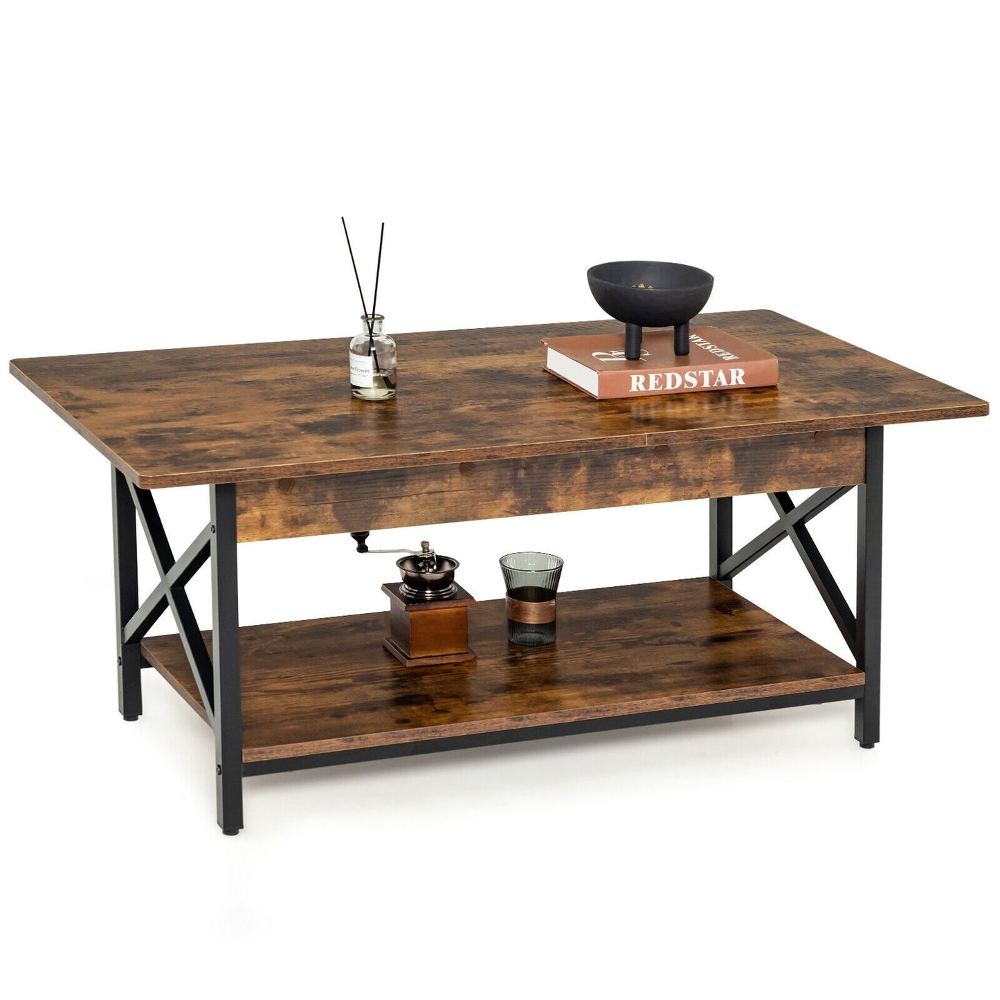 Modern Industrial Coffee Table with Storage Shelf and Steel Frame - Rustic Brown