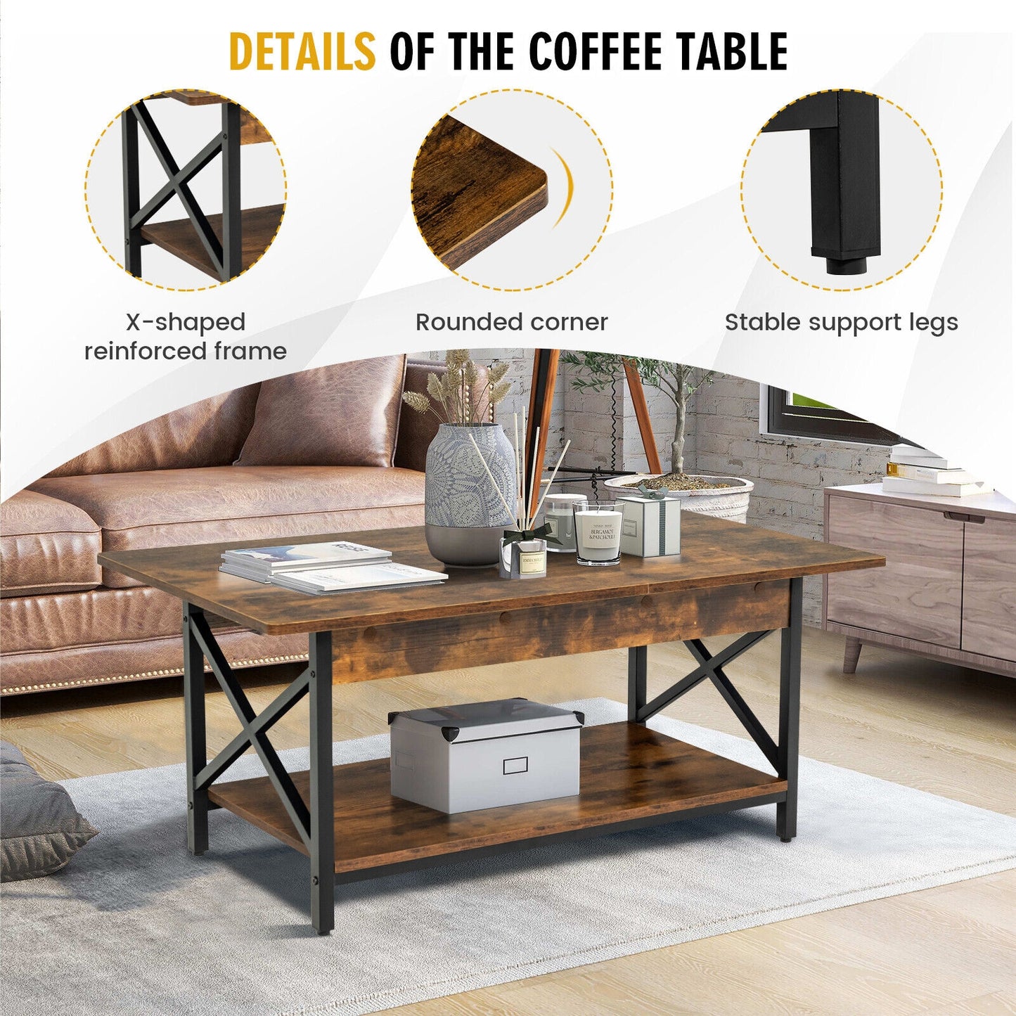 Modern Industrial Coffee Table with Storage Shelf and Steel Frame - Rustic Brown
