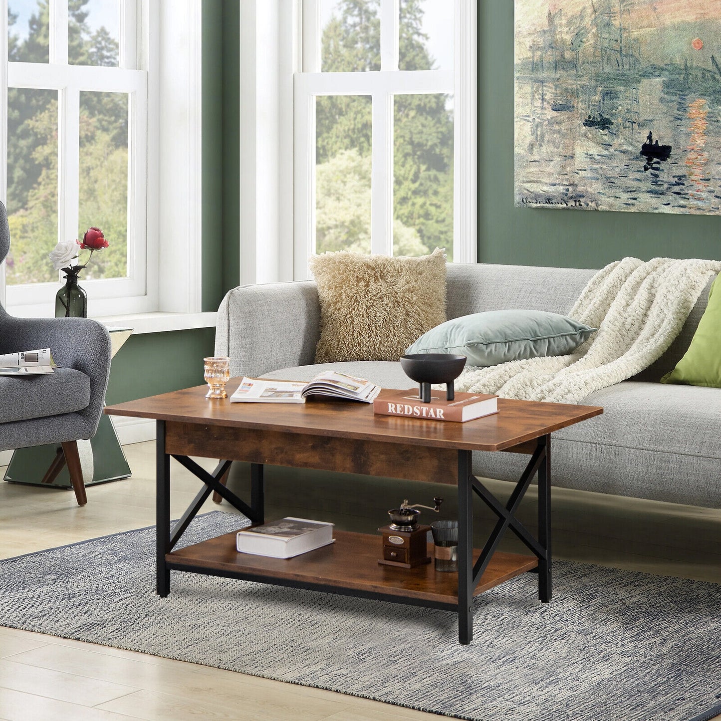 Modern Industrial Coffee Table with Storage Shelf and Steel Frame - Rustic Brown