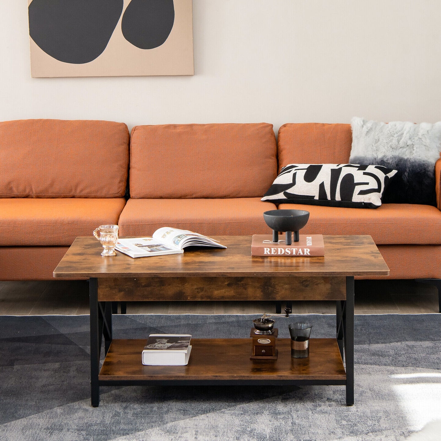 Modern Industrial Coffee Table with Storage Shelf and Steel Frame - Rustic Brown