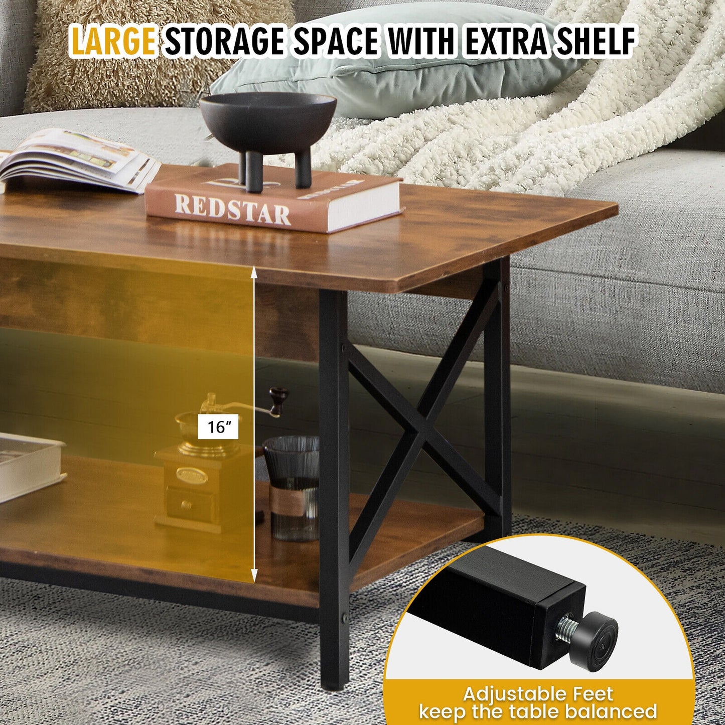 Modern Industrial Coffee Table with Storage Shelf and Steel Frame - Rustic Brown