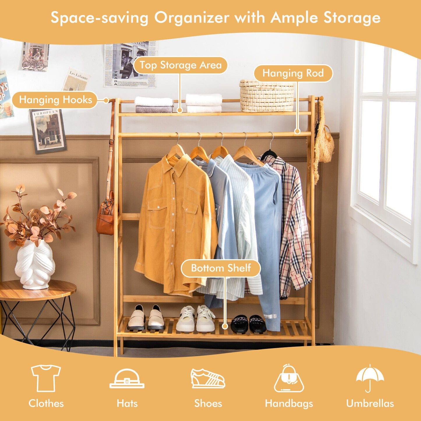 Bamboo Clothing Rack with Shelves & Hooks - Adjustable Storage Organizer for Bedroom, Closet, Living Room, and Entryway