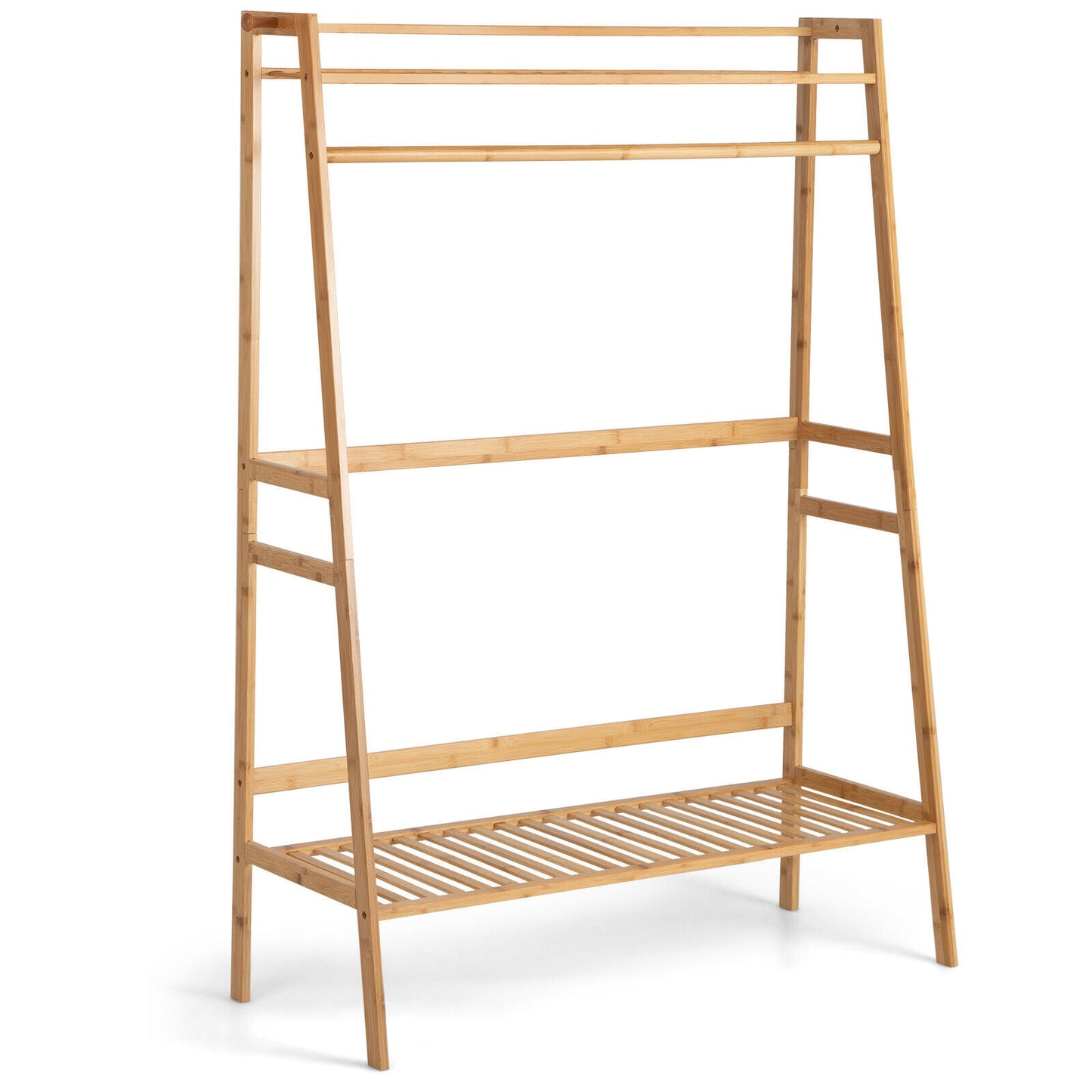 Bamboo Clothing Rack with Shelves & Hooks - Adjustable Storage Organizer for Bedroom, Closet, Living Room, and Entryway