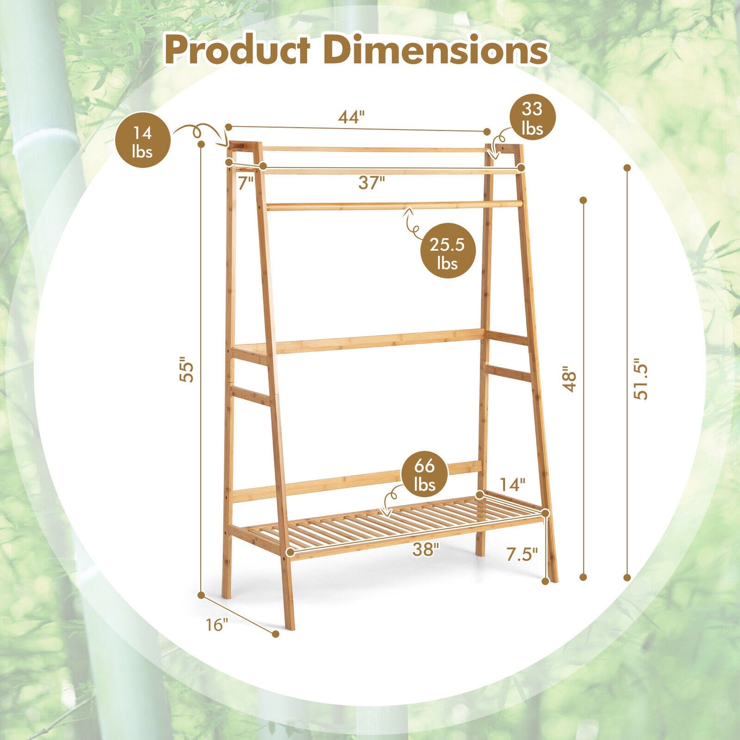 Bamboo Clothing Rack with Shelves & Hooks - Adjustable Storage Organizer for Bedroom, Closet, Living Room, and Entryway