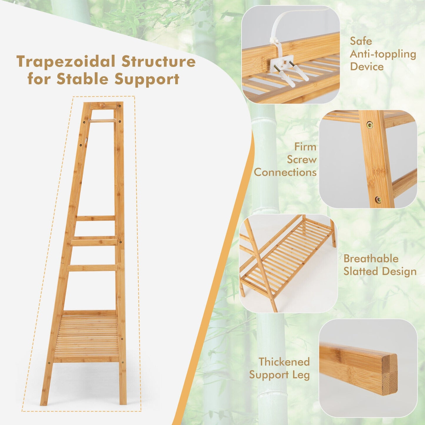 Bamboo Clothing Rack with Shelves & Hooks - Adjustable Storage Organizer for Bedroom, Closet, Living Room, and Entryway