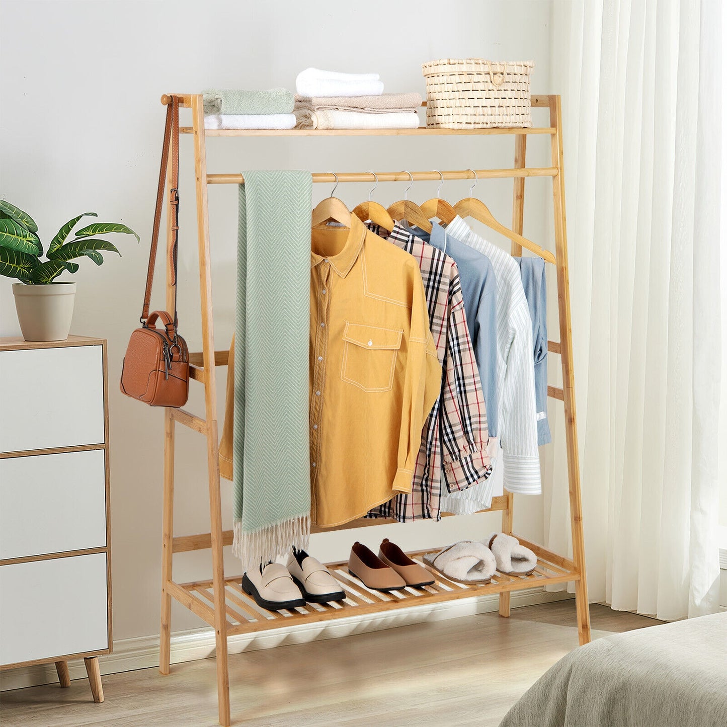Bamboo Clothing Rack with Shelves & Hooks - Adjustable Storage Organizer for Bedroom, Closet, Living Room, and Entryway