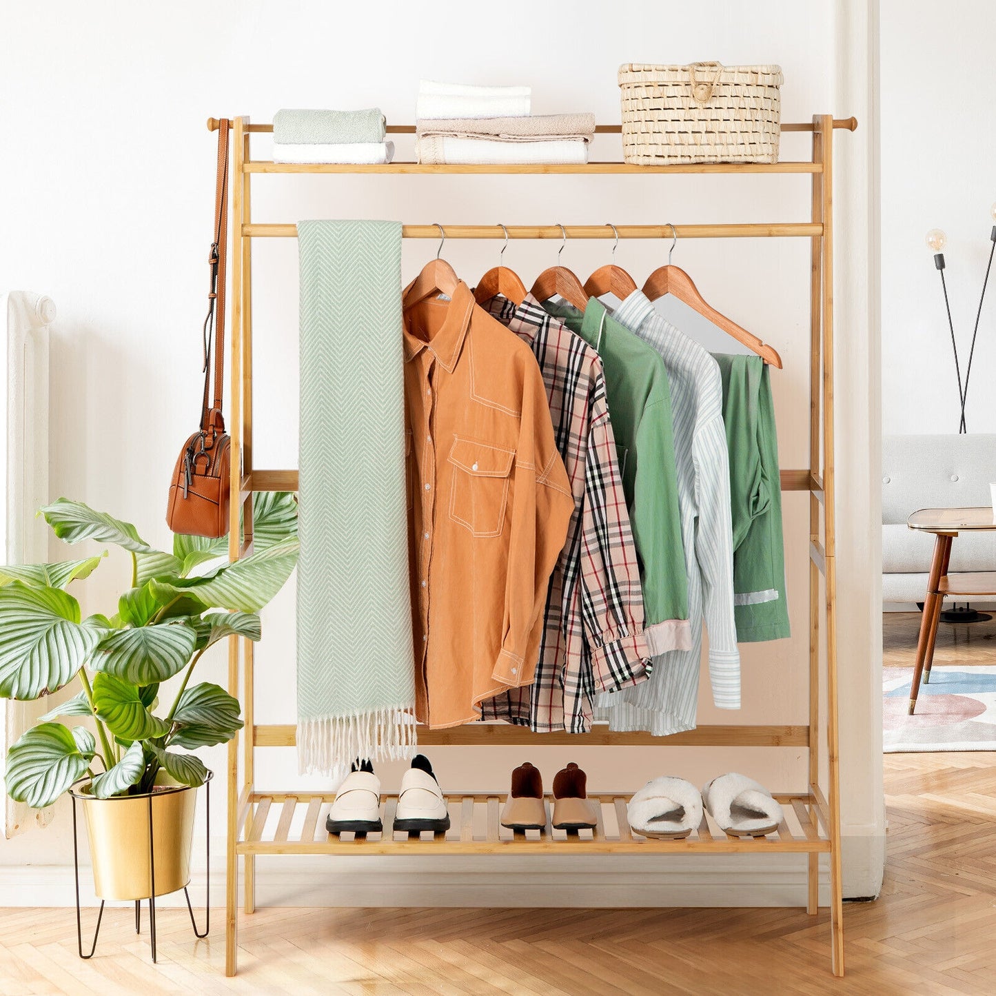 Bamboo Clothing Rack with Shelves & Hooks - Adjustable Storage Organizer for Bedroom, Closet, Living Room, and Entryway