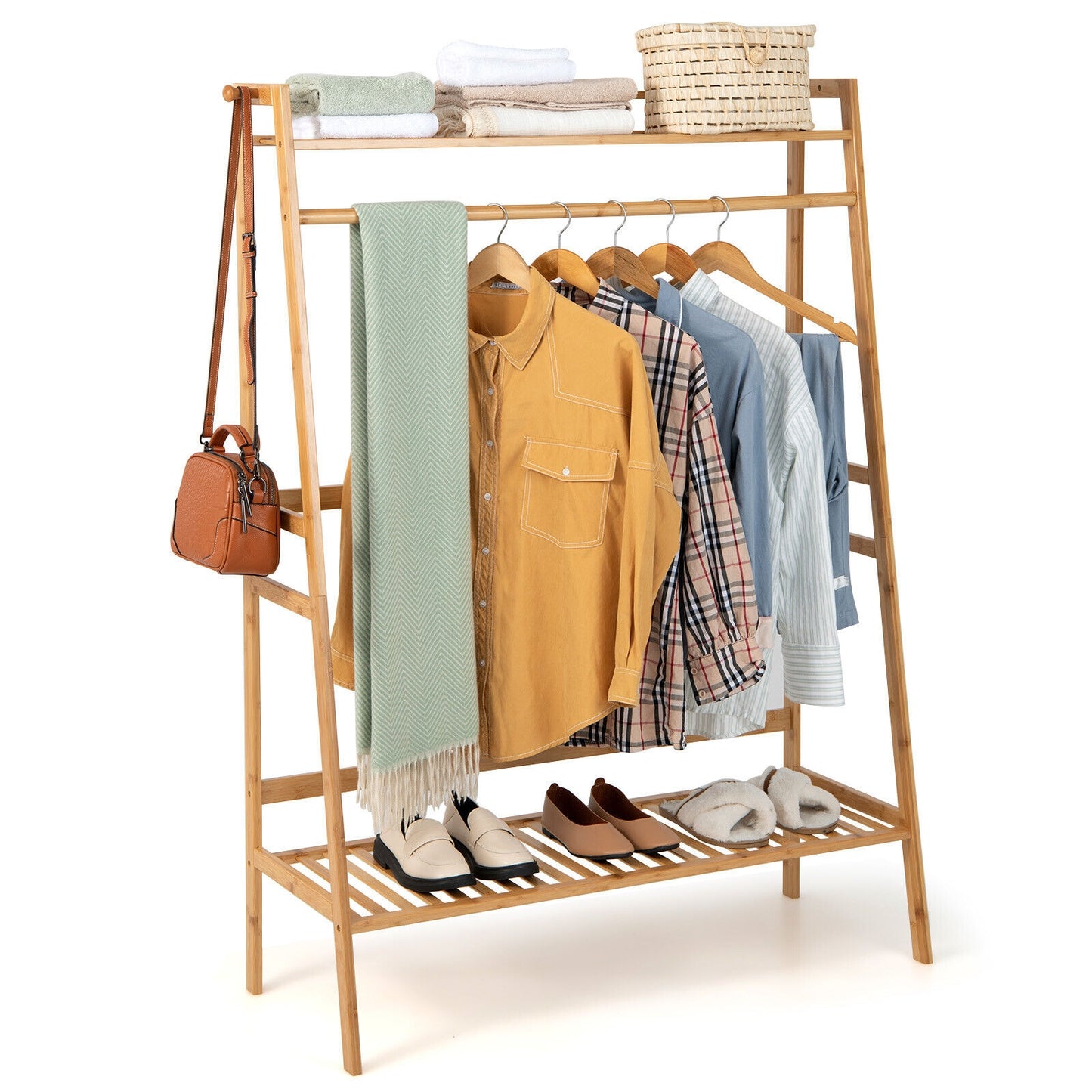 Bamboo Clothing Rack with Shelves & Hooks - Adjustable Storage Organizer for Bedroom, Closet, Living Room, and Entryway