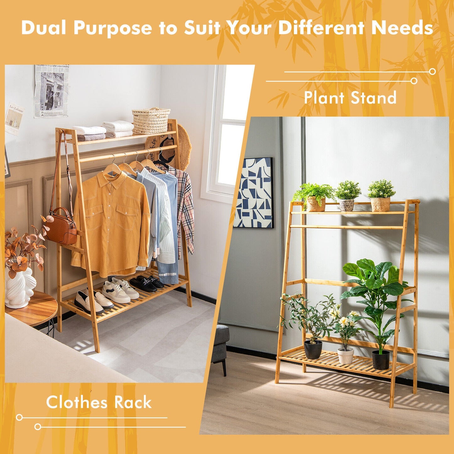 Bamboo Clothing Rack with Shelves & Hooks - Adjustable Storage Organizer for Bedroom, Closet, Living Room, and Entryway