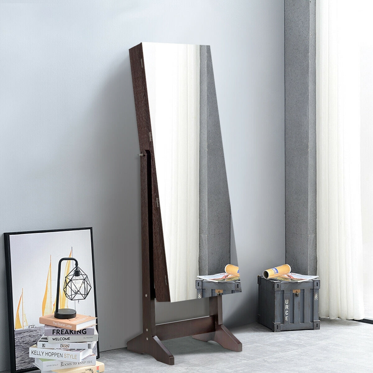 Freestanding Jewelry Armoire with Full-Length Mirror and Lockable Storage Organizer – Brown