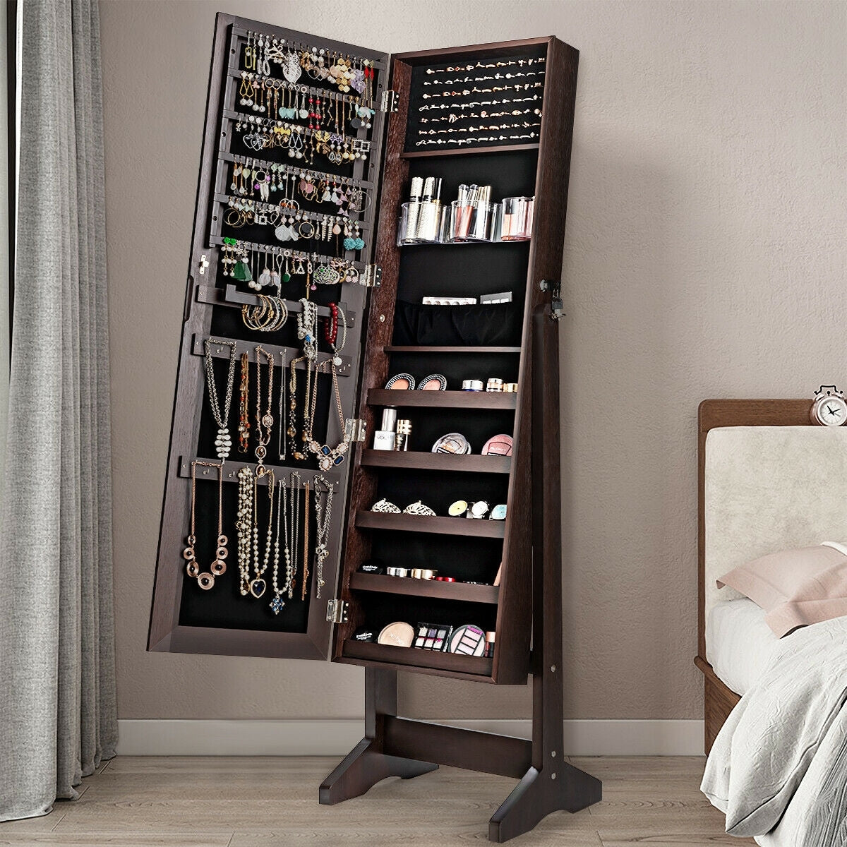 Freestanding Jewelry Armoire with Full-Length Mirror and Lockable Storage Organizer – Brown
