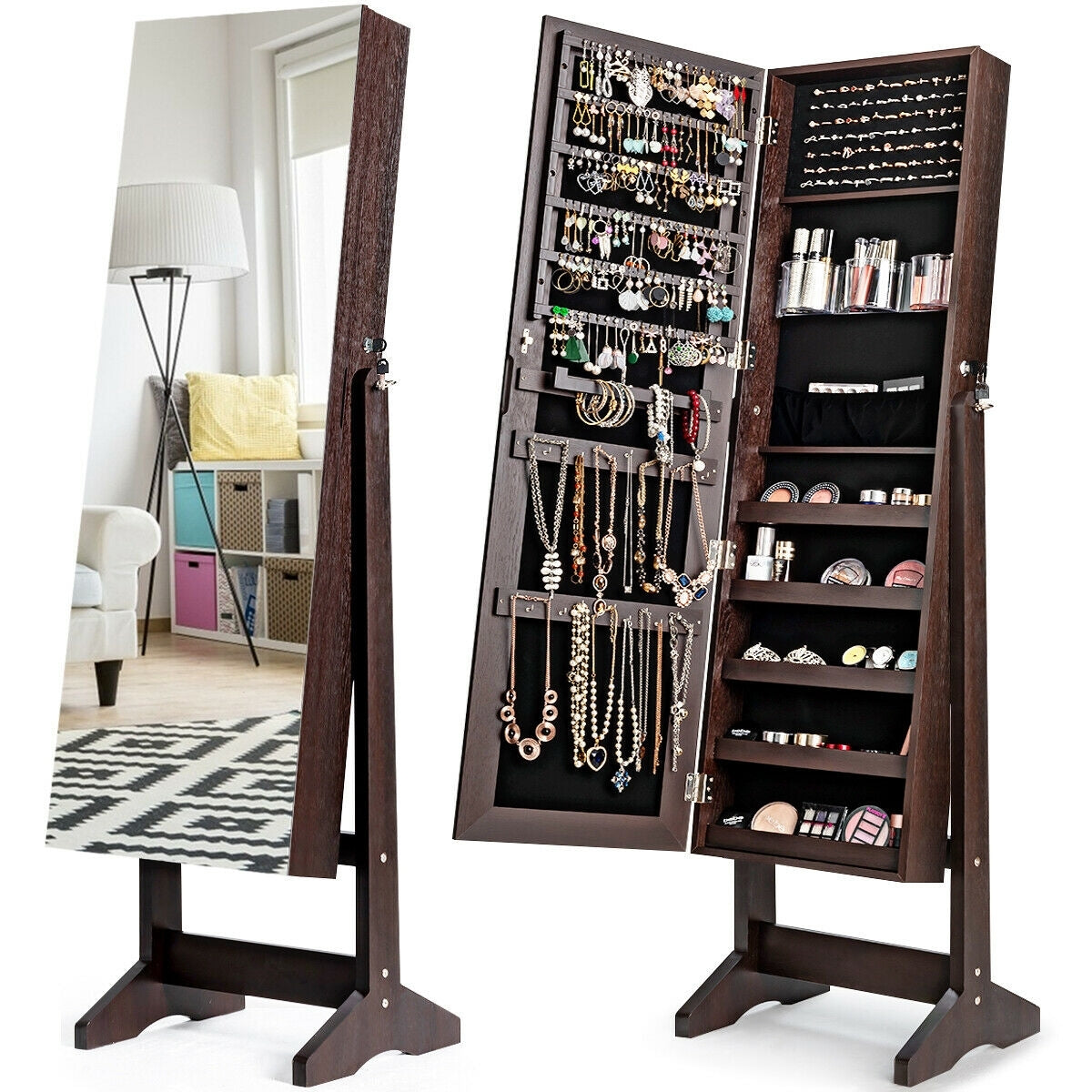 Freestanding Jewelry Armoire with Full-Length Mirror and Lockable Storage Organizer – Brown