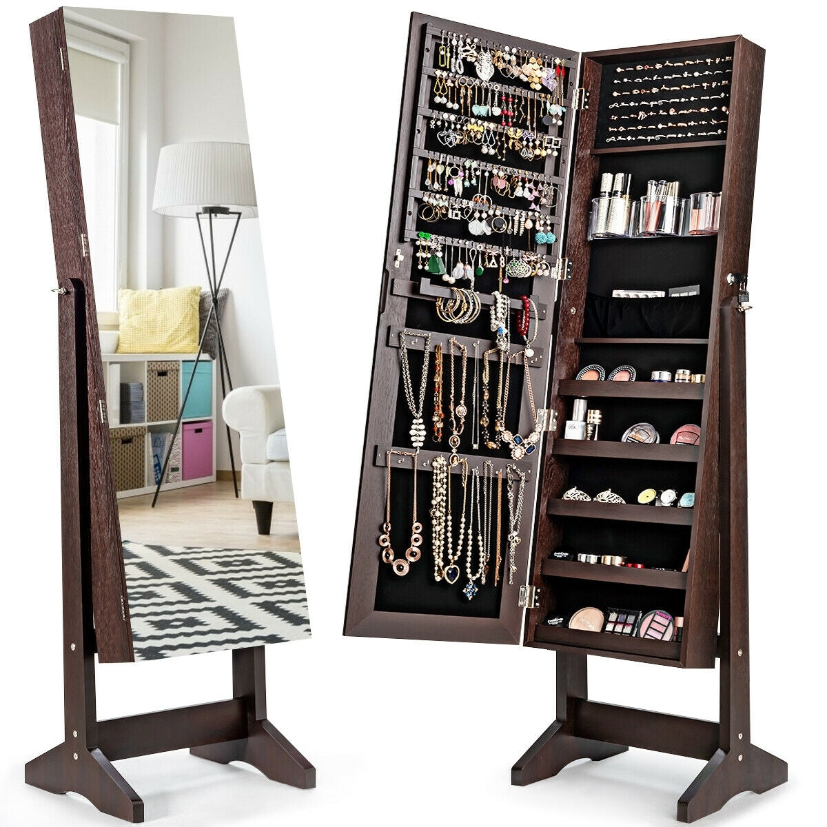 Freestanding Jewelry Armoire with Full-Length Mirror and Lockable Storage Organizer – Brown