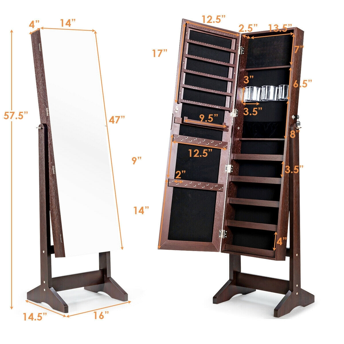Freestanding Jewelry Armoire with Full-Length Mirror and Lockable Storage Organizer – Brown