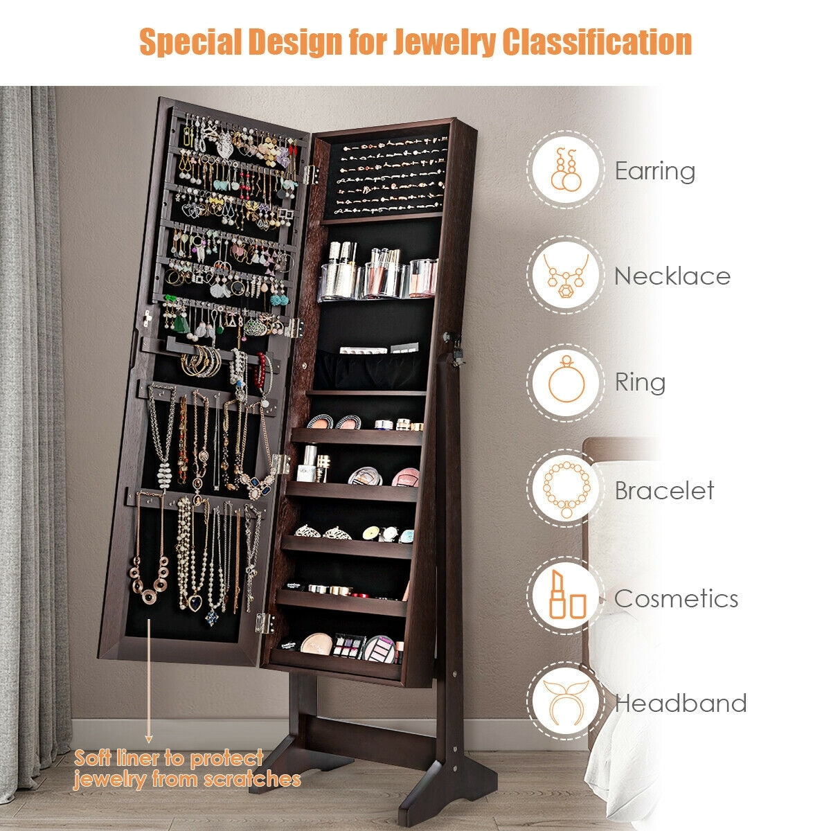 Freestanding Jewelry Armoire with Full-Length Mirror and Lockable Storage Organizer – Brown