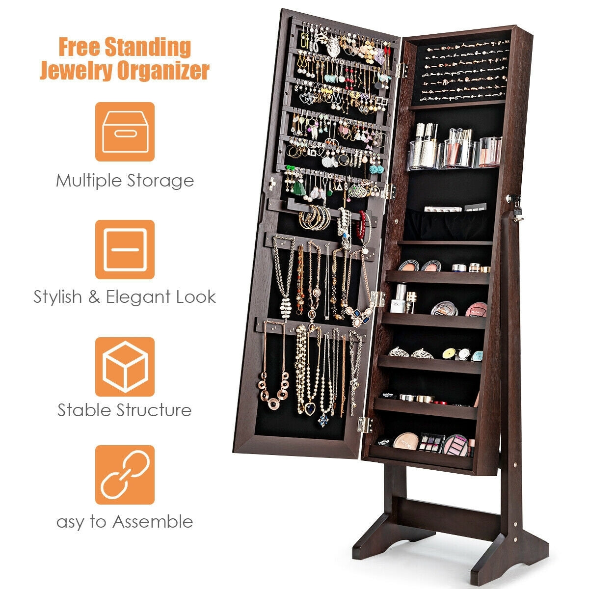 Freestanding Jewelry Armoire with Full-Length Mirror and Lockable Storage Organizer – Brown