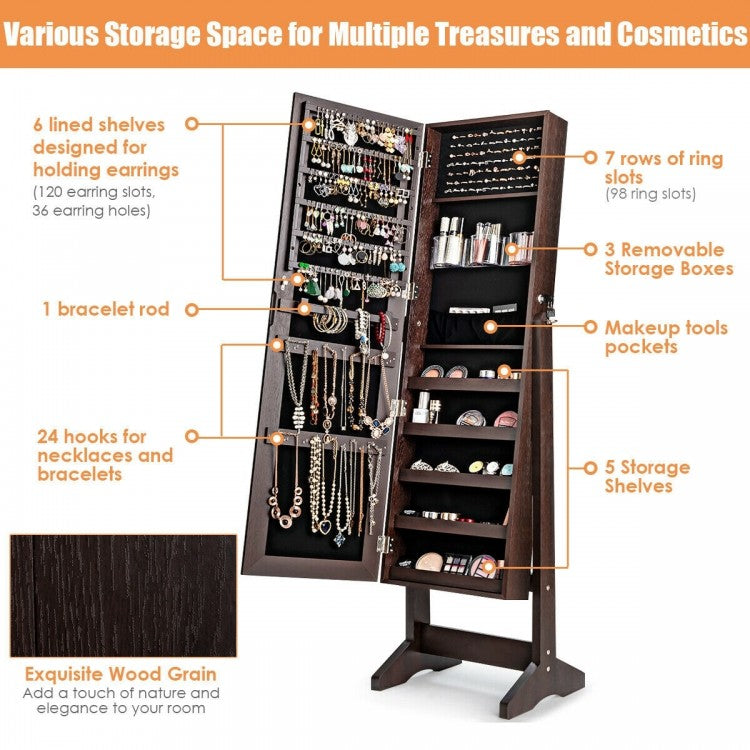 Freestanding Jewelry Armoire with Full-Length Mirror and Lockable Storage Organizer – Brown