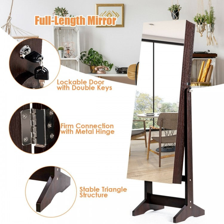 Freestanding Jewelry Armoire with Full-Length Mirror and Lockable Storage Organizer – Brown