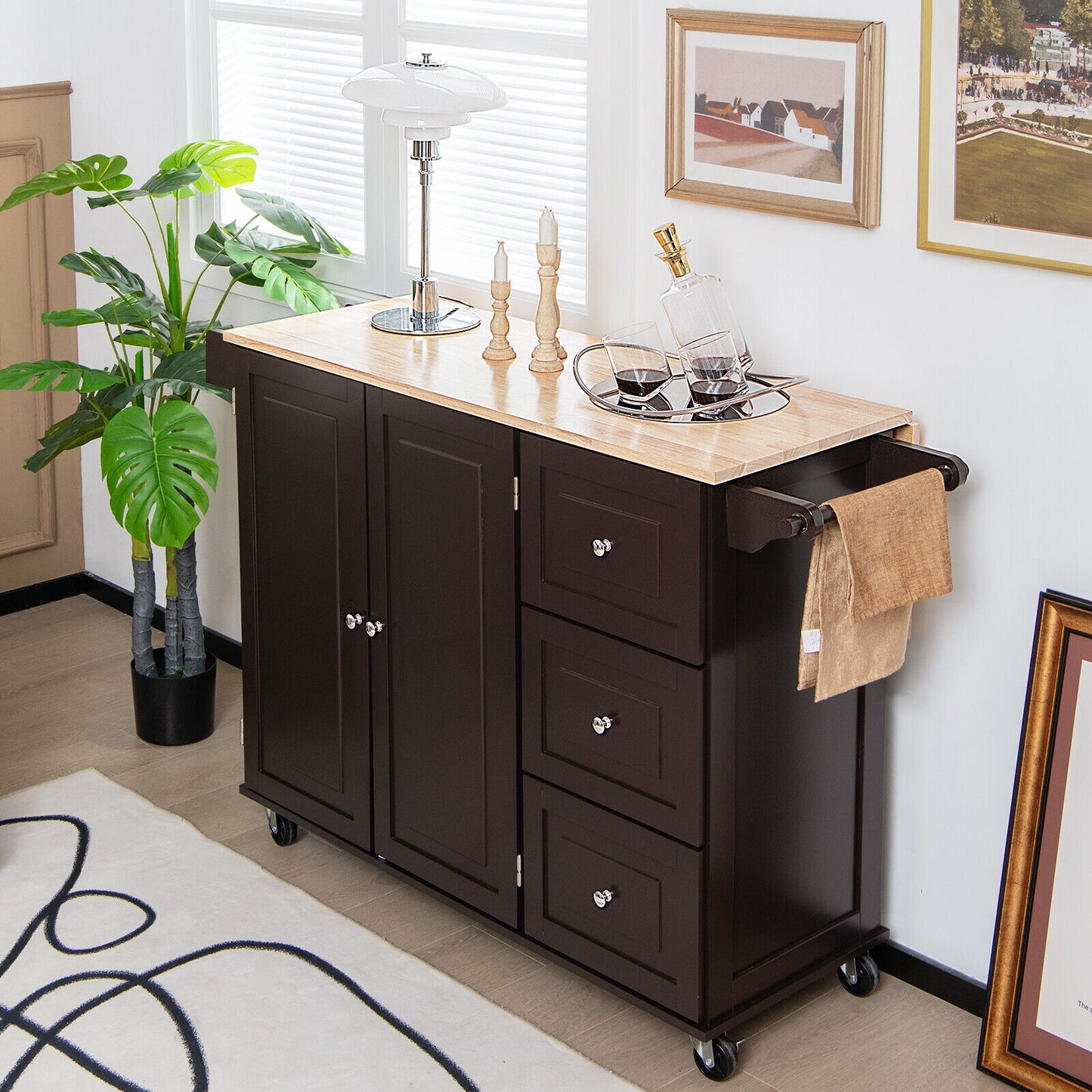 Expandable Rolling Kitchen Island with Storage Drawers Cabinet and Drop Leaf Top in Brown