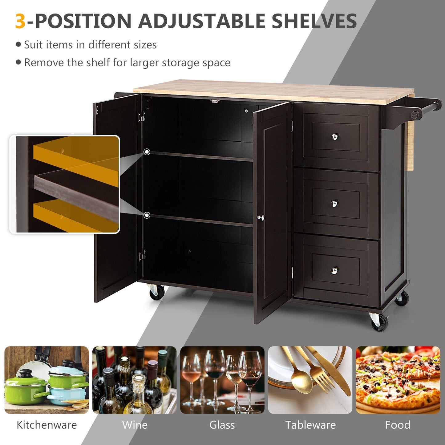 Expandable Rolling Kitchen Island with Storage Drawers Cabinet and Drop Leaf Top in Brown