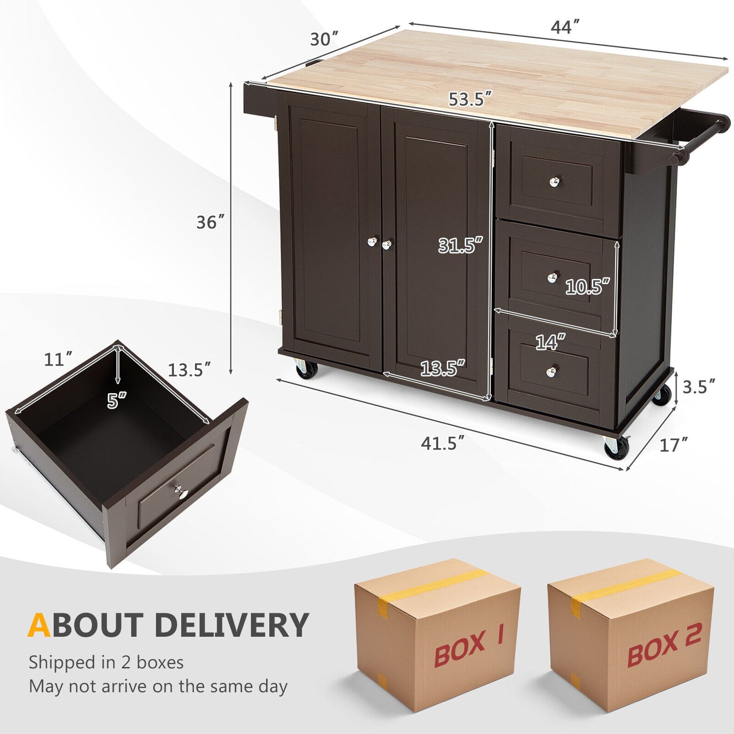 Expandable Rolling Kitchen Island with Storage Drawers Cabinet and Drop Leaf Top in Brown