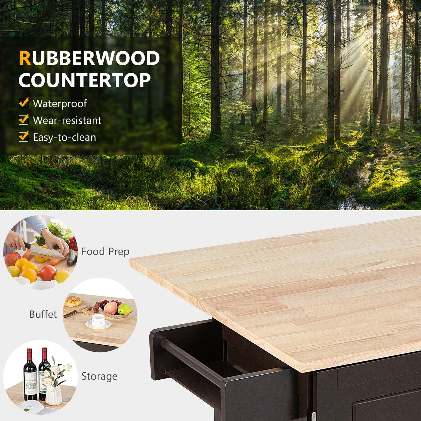Expandable Rolling Kitchen Island with Storage Drawers Cabinet and Drop Leaf Top in Brown