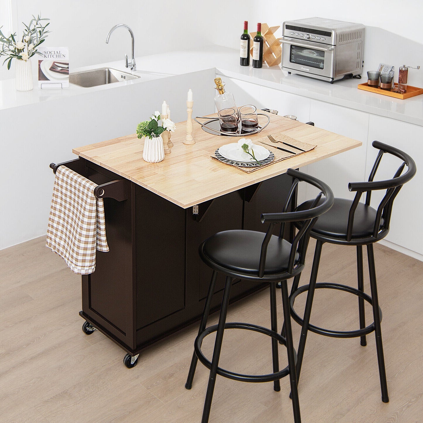 Expandable Rolling Kitchen Island with Storage Drawers Cabinet and Drop Leaf Top in Brown