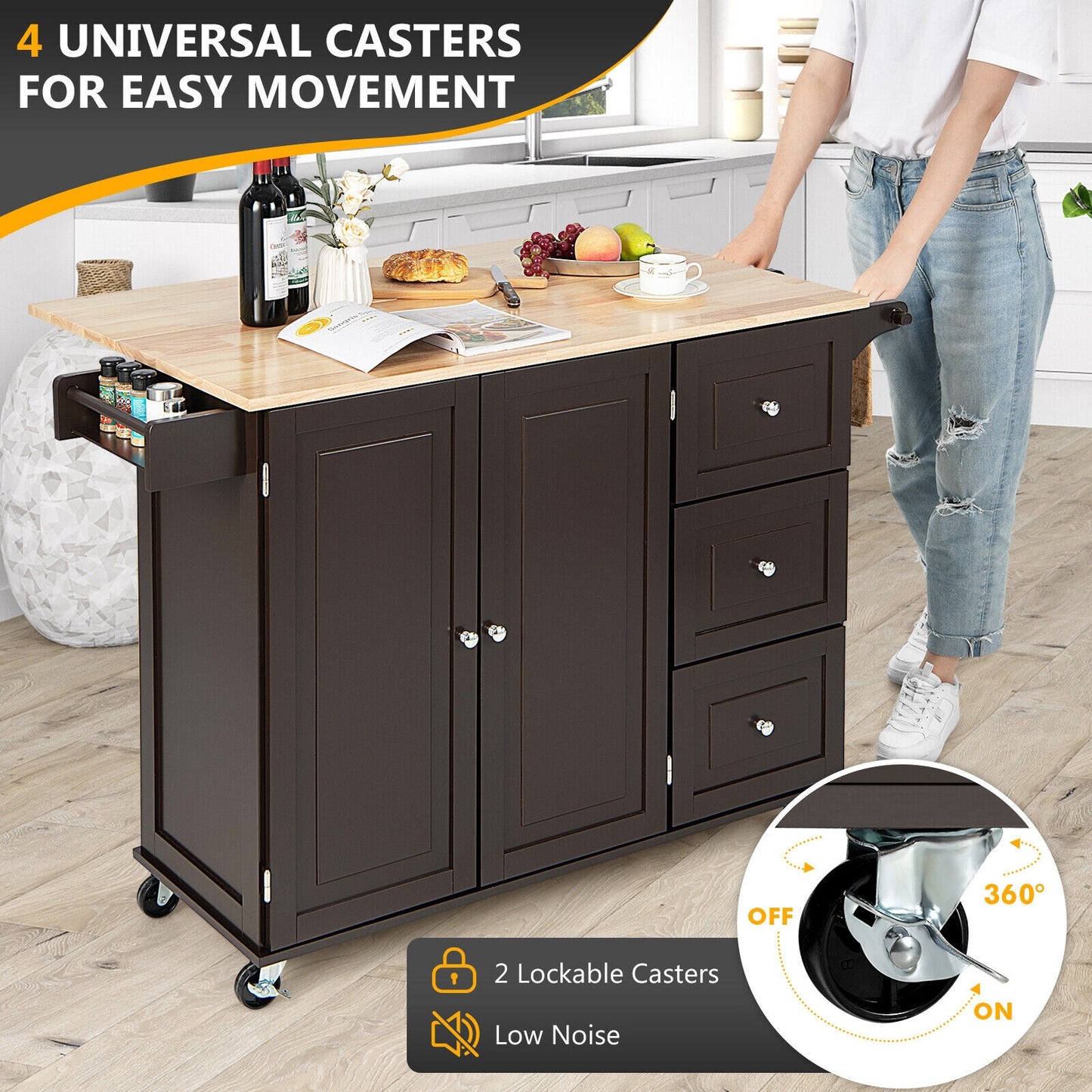 Expandable Rolling Kitchen Island with Storage Drawers Cabinet and Drop Leaf Top in Brown
