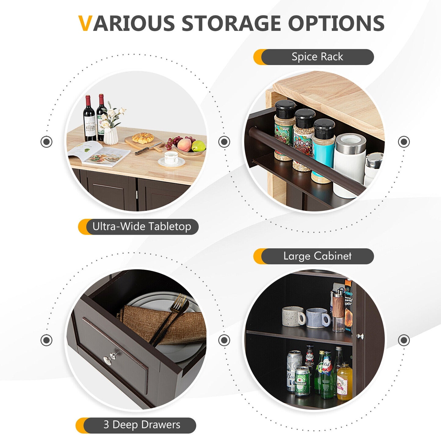 Expandable Rolling Kitchen Island with Storage Drawers Cabinet and Drop Leaf Top in Brown